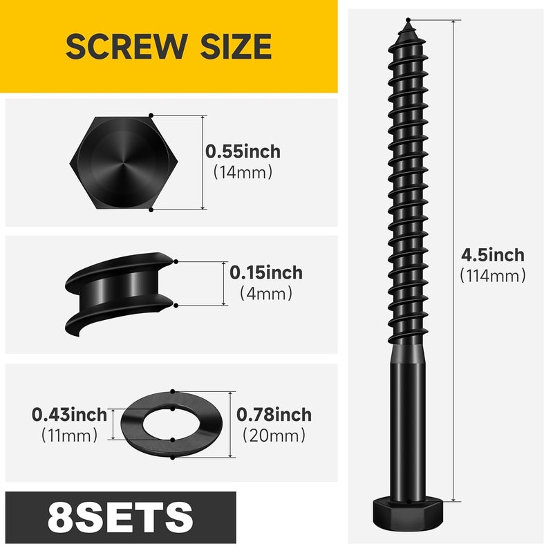 MYWISH (8Sets) 3/8" x 4-1/2" Hex Head Lag Bolts, Heavy Duty Lag Screws with Washers, 304 Stainless Steel Bolts 18-8, Lag Screws Wood Screws, Partial Thread Black Oxide, 3/8 Bolt - Image 2